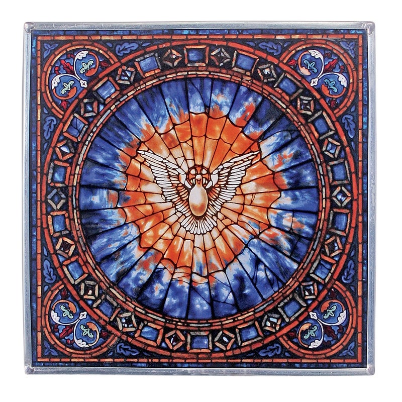 Design Toscano GM1018 Tiffany's Holy Dove of Peace Art Glass Square Suncatcher Window Panel, 10 inches wide, 10 inches tall, Stained Glass, Blue Enamel - Image 1